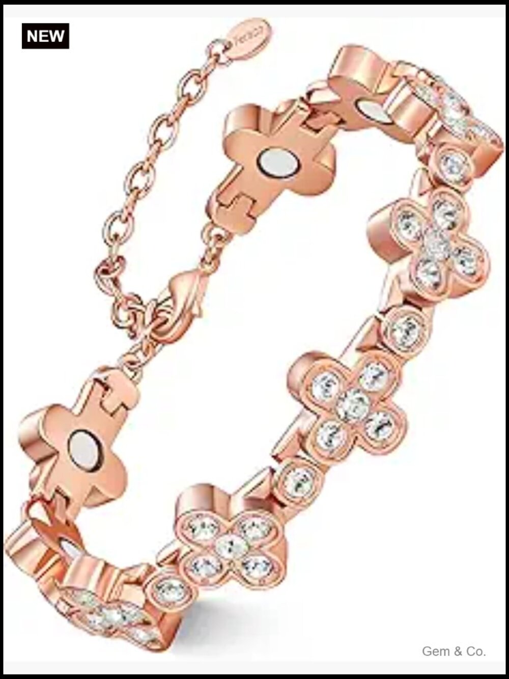 Solid Copper Bracelet with Magnet and Crystals, Adjustable Chain